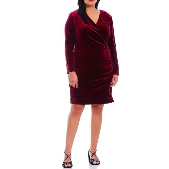 Alex Marie Plus Long Sleeve Mahogany Red Velvet Ruched Faux Wrap Dress Formal - Picture 1 of 11